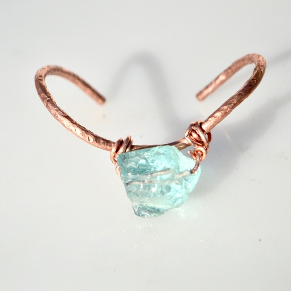 Natural Blue Sea Glass Copper Cuff Bracelet Boho Handmade wire wrapped Gift OOAK - Picture 4 of 8